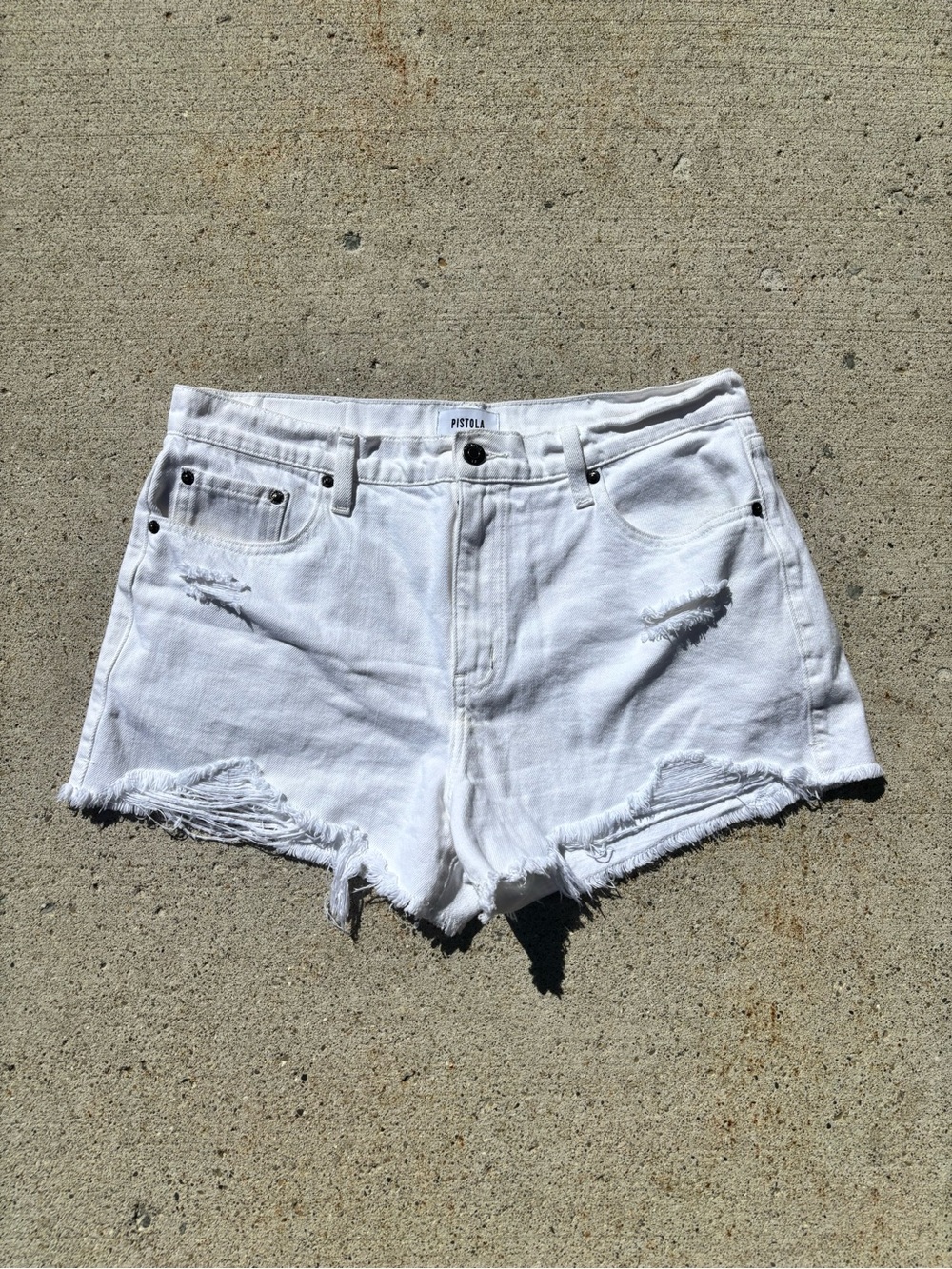 Pistola Nova High Rise Relaxed Cut Off Shorts | Size 29 | White Distressed Denim